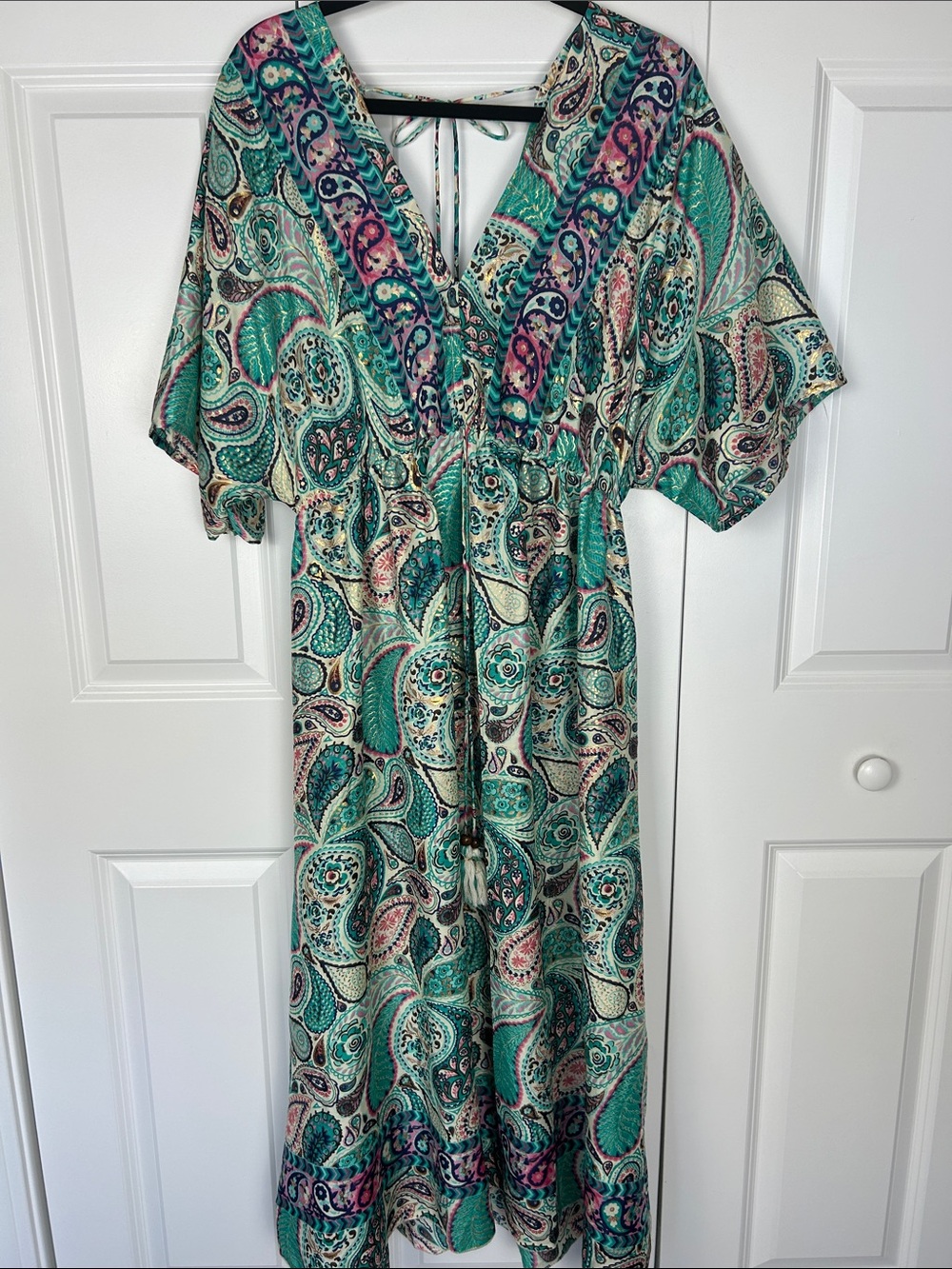 Jessica Taylor V-Neck Paisley Maxi Dress in Teal and Pink